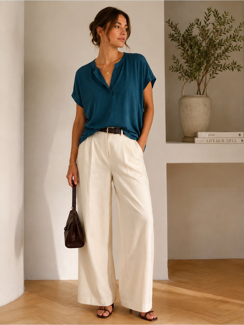 Eileen Fisher Teal TENCEL™ Lyocell Henley Tee | Relaxed Fit | Small